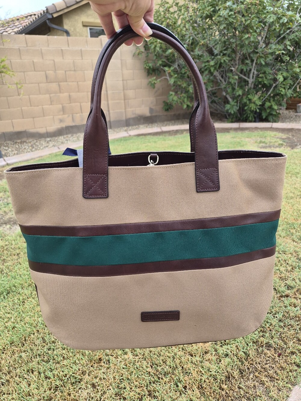 Vintage Dooney & Bourke Small Brooklawn Tote Tan Green Stripe